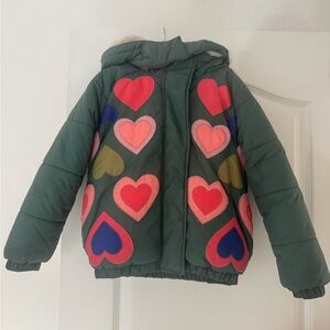 Mini Boden Kids Green Puffer Jacket with Heart Design